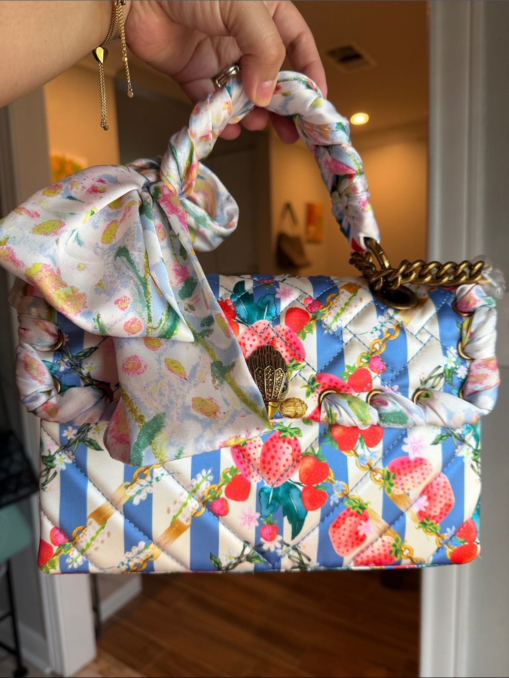 Kurt Geiger Quilted Strawberry & Floral Shoulder Bag in Blue, White, Pink